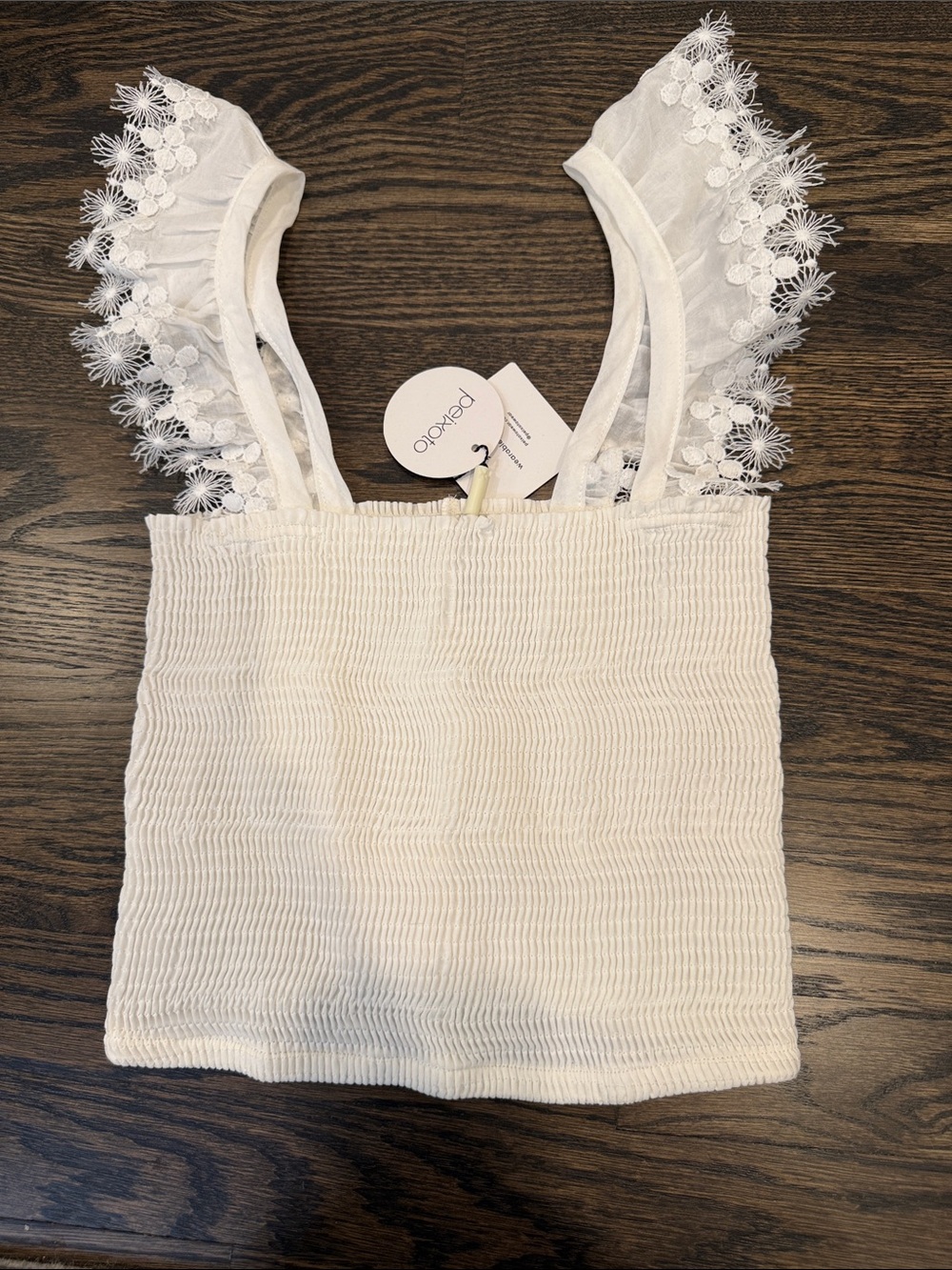 Peixoto White Smocked Tank Top with Lace Strap Detail